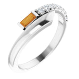 14K Gold Straight Baguette Natural Citrine & Natural Diamond Bypass Ring - White Gold