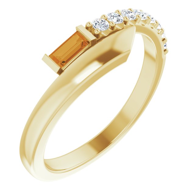 14K Gold Straight Baguette Natural Citrine & Natural Diamond Bypass Ring - Yellow Gold