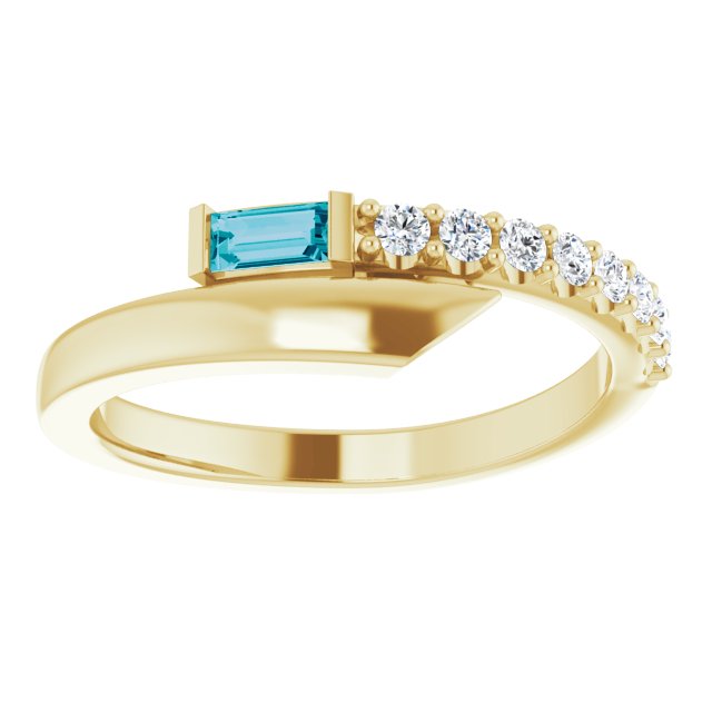 14K Gold Straight Baguette Natural London Blue Topaz & Natural Diamond Bypass Ring – 4x2mm - Yellow Gold - view 3