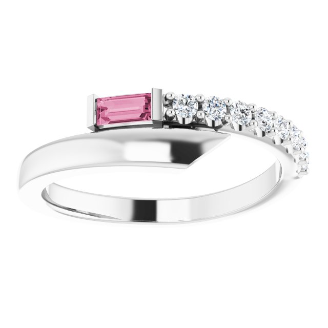 14K Gold Straight Baguette Natural Pink Sapphire & Natural Diamond Bypass Ring – 4x2mm - White Gold - view 3