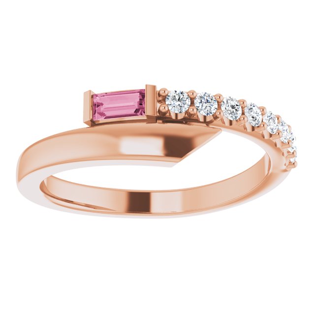 14K Gold Straight Baguette Natural Pink Sapphire & Natural Diamond Bypass Ring – 4x2mm - Rose Gold - view 3