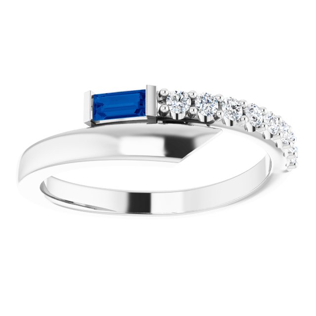 14K Gold Straight Baguette Natural Blue Sapphire & Natural Diamond Bypass Ring – 4x2mm - White Gold - view 3