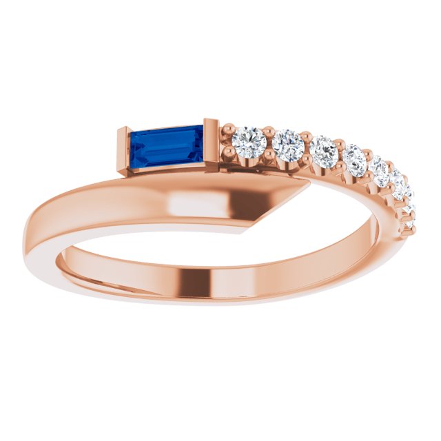 14K Gold Straight Baguette Natural Blue Sapphire & Natural Diamond Bypass Ring – 4x2mm - Rose Gold - view 3