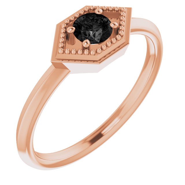 14K Gold Round Natural Black Onyx Geometric Ring - Rose Gold