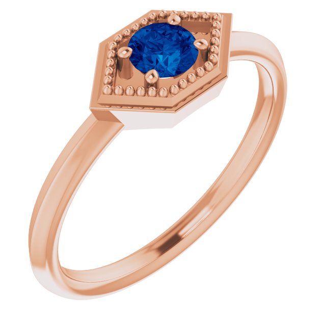 14K Gold Round Natural Blue Sapphire Geometric Ring - Rose Gold