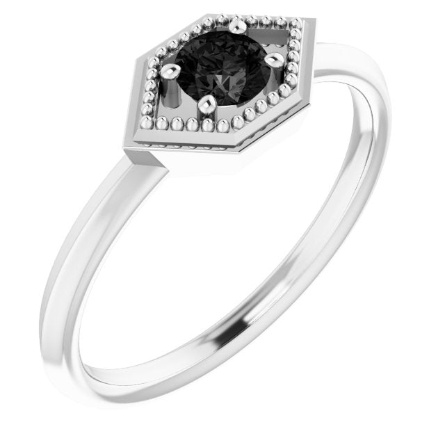 14K Gold Round Natural Black Onyx Geometric Ring - White Gold