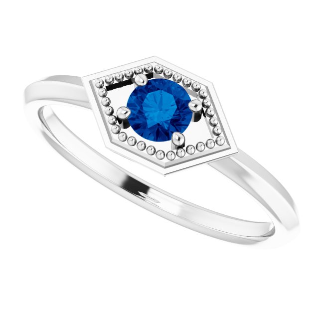 14K Gold Round Natural Blue Sapphire Geometric Ring - White Gold - view 5