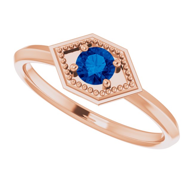 14K Gold Round Natural Blue Sapphire Geometric Ring - Rose Gold - view 5
