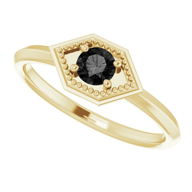 14K Gold Round Natural Black Onyx Geometric Ring - Yellow Gold - view 5