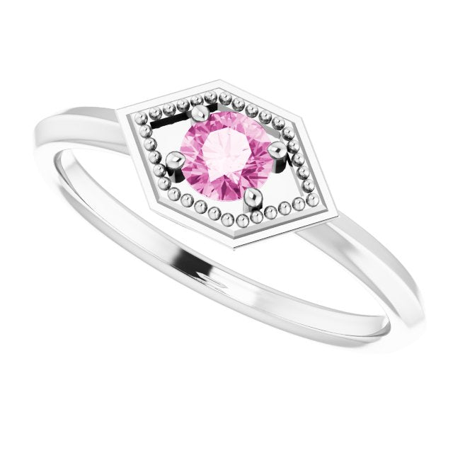 14K Gold Round Natural Pink Sapphire Geometric Ring - White Gold - view 5