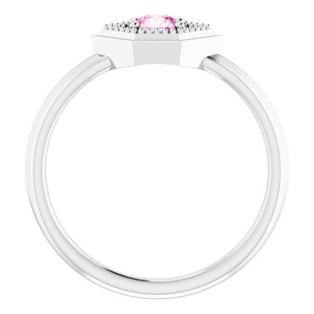Platinum Round Natural Pink Sapphire Geometric Ring - view 2