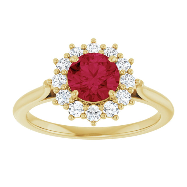 10K Gold Emerald Lab-Grown Ruby & Lab-Grown Diamond Halo-Style Ring - Yellow Gold - view 3