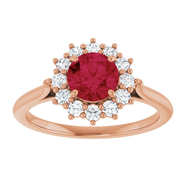 14K Gold Emerald Lab-Grown Ruby & Lab-Grown Diamond Halo-Style Ring - Rose Gold - view 3