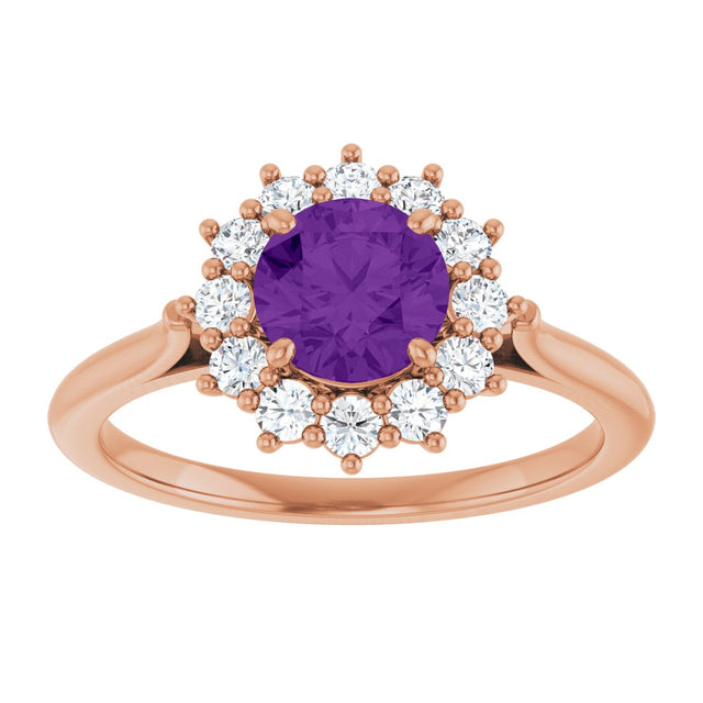 14K Gold Emerald Natural Amethyst & Lab-Grown Diamond Halo-Style Ring - Rose Gold - view 3