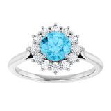 10K Gold Round Natural Aquamarine & Lab-Grown Diamond Halo-Style Ring - White Gold - view 3