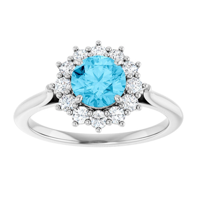 10K Gold Round Natural Aquamarine & Lab-Grown Diamond Halo-Style Ring - White Gold - view 3