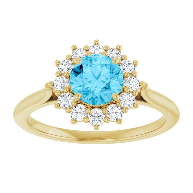 10K Gold Round Natural Aquamarine & Lab-Grown Diamond Halo-Style Ring - Yellow Gold - view 3