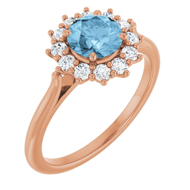 14K Gold Emerald Natural Sky Blue Topaz & Lab-Grown Diamond Halo-Style Ring - Rose Gold