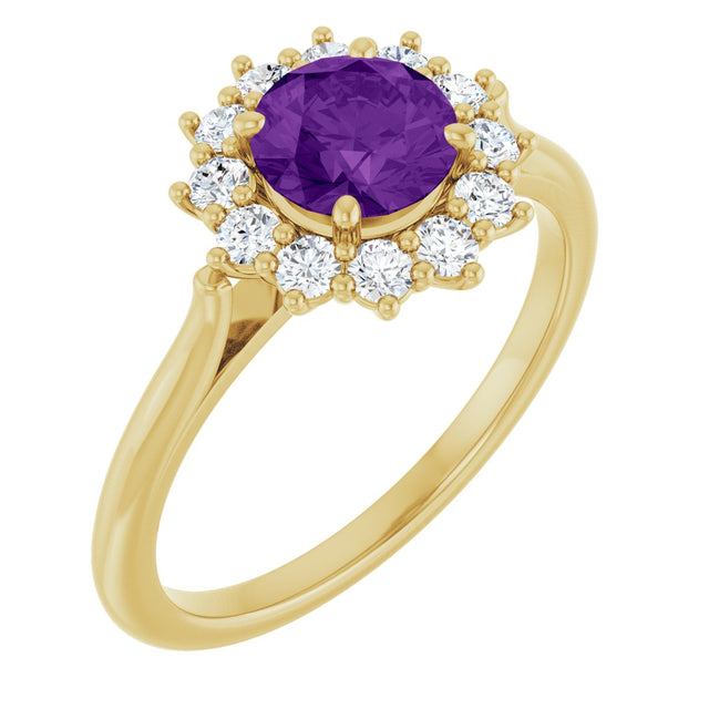 10K Gold Emerald Natural Amethyst & Lab-Grown Diamond Halo-Style Ring - Yellow Gold