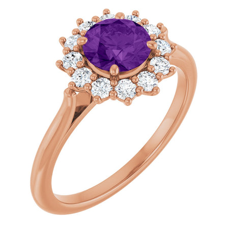 14K Gold Emerald Natural Amethyst & Lab-Grown Diamond Halo-Style Ring - Rose Gold