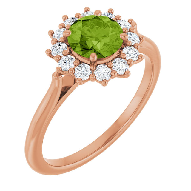 14K Gold Emerald Natural Peridot & Lab-Grown Diamond Halo-Style Ring - Rose Gold