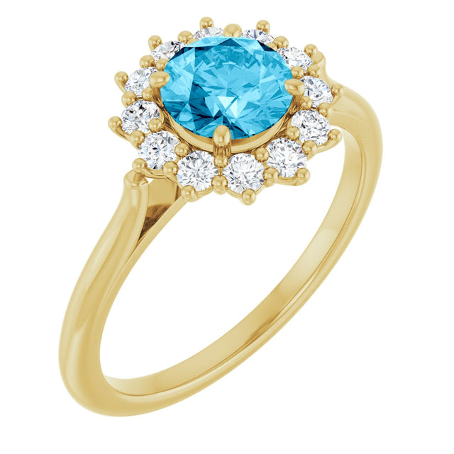 10K Gold Round Natural Aquamarine & Lab-Grown Diamond Halo-Style Ring - Yellow Gold