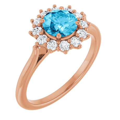 14K Gold Round Natural Aquamarine & Lab-Grown Diamond Halo-Style Ring - Rose Gold