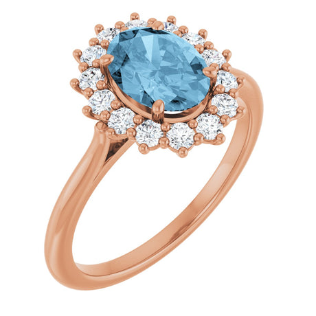 14K Gold Emerald Natural Sky Blue Topaz & Lab-Grown Diamond Halo-Style Ring - Rose Gold
