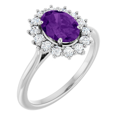 Platinum Emerald Natural Amethyst & Lab-Grown Diamond Halo-Style Ring