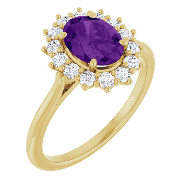 10K Gold Emerald Natural Amethyst & Lab-Grown Diamond Halo-Style Ring - Yellow Gold