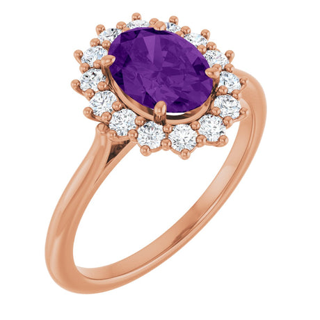 14K Gold Emerald Natural Amethyst & Lab-Grown Diamond Halo-Style Ring - Rose Gold