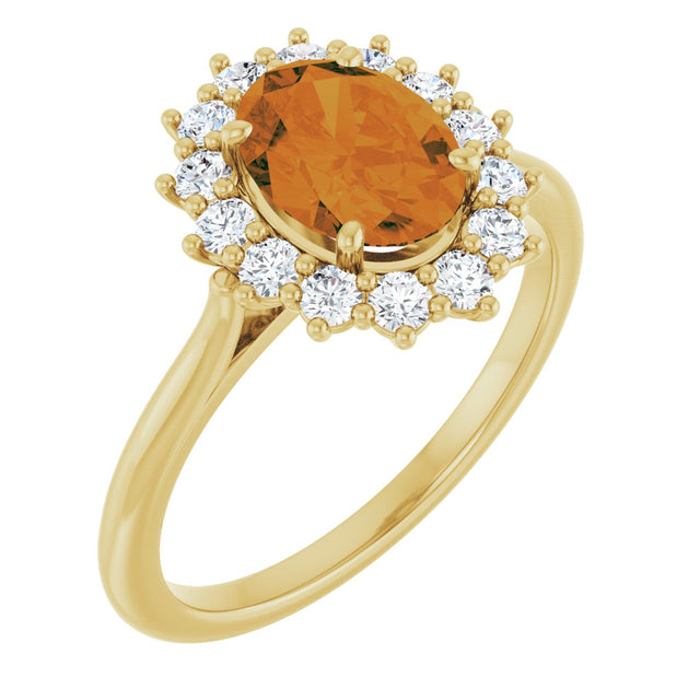 14K Gold Oval Natural Citrine & Natural Diamond Halo-Style Ring - Yellow Gold