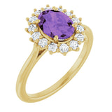 14K Gold Oval Natural Amethyst & Natural Diamond Halo-Style Ring – 8x6mm - Yellow Gold