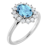 14K Gold Oval Natural Aquamarine & Natural Diamond Halo-Style Ring - White Gold