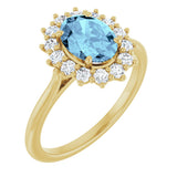 14K Gold Oval Natural Aquamarine & Natural Diamond Halo-Style Ring - Yellow Gold