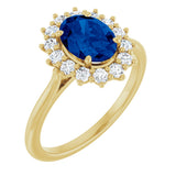 14K Gold Oval Lab-Grown Blue Sapphire & Natural Diamond Halo-Style Ring – 8x6mm - Yellow Gold