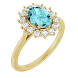 14K Gold Oval Natural Blue Zircon & Natural Diamond Halo-Style Ring - Yellow Gold