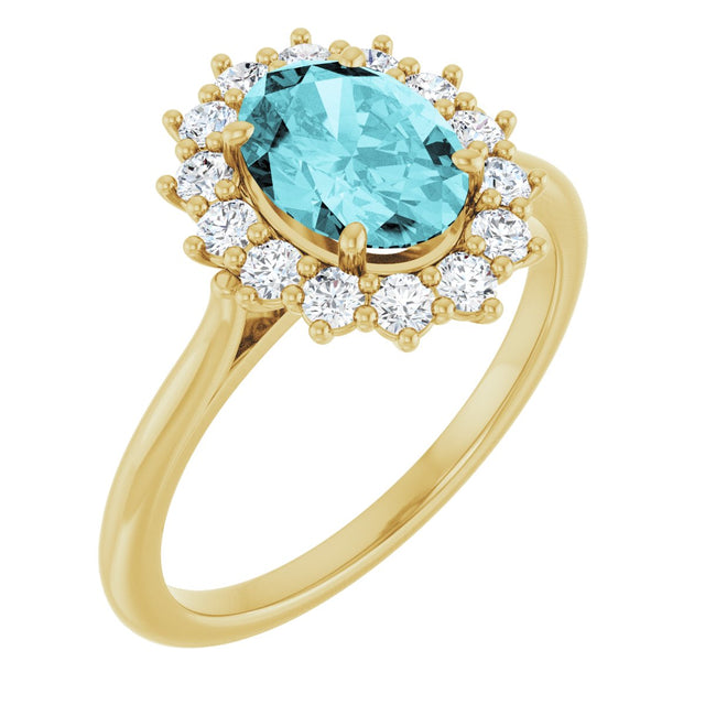 14K Gold Oval Natural Blue Zircon & Natural Diamond Halo-Style Ring - Yellow Gold
