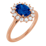 14K Gold Oval Lab-Grown Blue Sapphire & Natural Diamond Halo-Style Ring – 8x6mm - Rose Gold