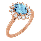 14K Gold Oval Natural Aquamarine & Natural Diamond Halo-Style Ring - Rose Gold