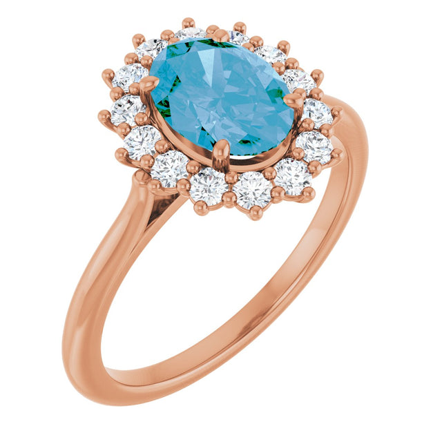 14K Gold Oval Natural Swiss Blue Topaz & Natural Diamond Halo-Style Ring – 8x6mm - Rose Gold