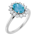 Platinum Oval Natural Swiss Blue Topaz & Natural Diamond Halo-Style Ring