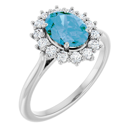 Platinum Oval Natural Swiss Blue Topaz & Natural Diamond Halo-Style Ring
