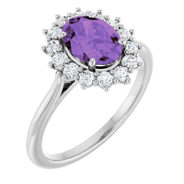 Platinum Oval Natural Amethyst & Natural Diamond Halo-Style Ring