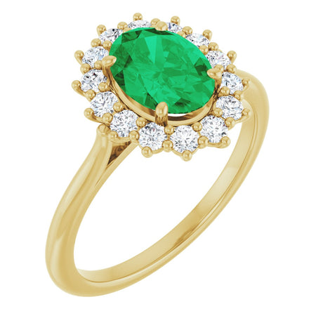 14K Gold Oval Lab-Grown Emerald & Natural Diamond Halo-Style Ring – 8x6mm - Yellow Gold