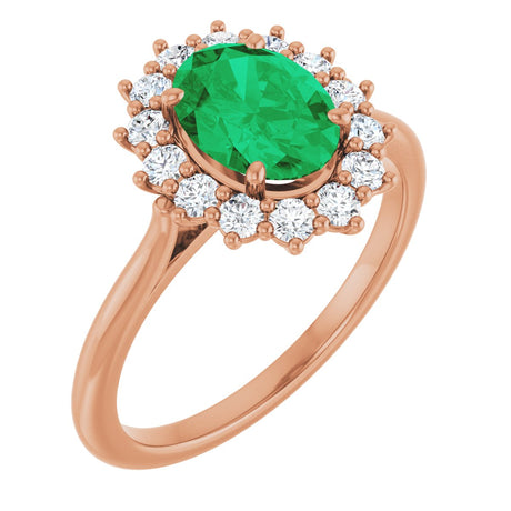 14K Gold Oval Lab-Grown Emerald & Natural Diamond Halo-Style Ring – 8x6mm - Rose Gold