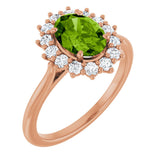 14K Gold Oval Natural Peridot & Natural Diamond Halo-Style Ring - Rose Gold