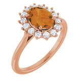 14K Gold Oval Natural Citrine & Natural Diamond Halo-Style Ring - Rose Gold