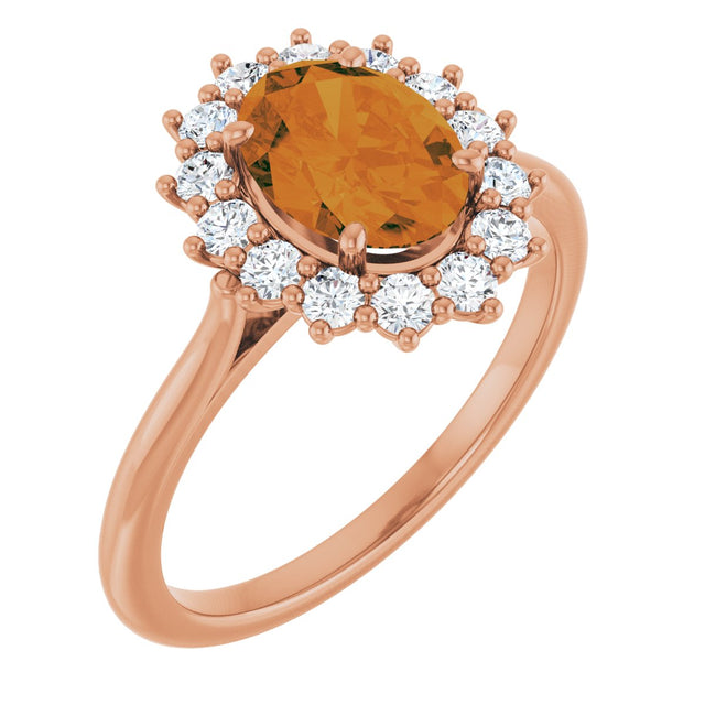 14K Gold Oval Natural Citrine & Natural Diamond Halo-Style Ring - Rose Gold