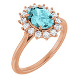 14K Gold Oval Natural Blue Zircon & Natural Diamond Halo-Style Ring - Rose Gold